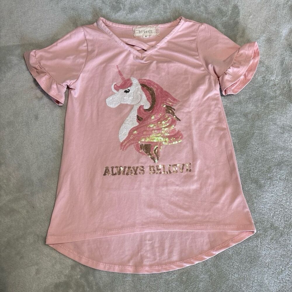 Girls pink unicorn tshirt sequins sparkle ruffle frill sleeve vneck playwear